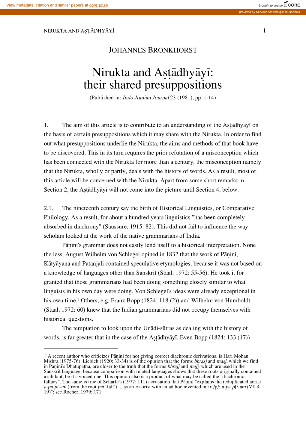 Nirukta and A∑†Ådhyåy¥: Their Shared Presuppositions (Published In: Indo-Iranian Journal 23 (1981), Pp