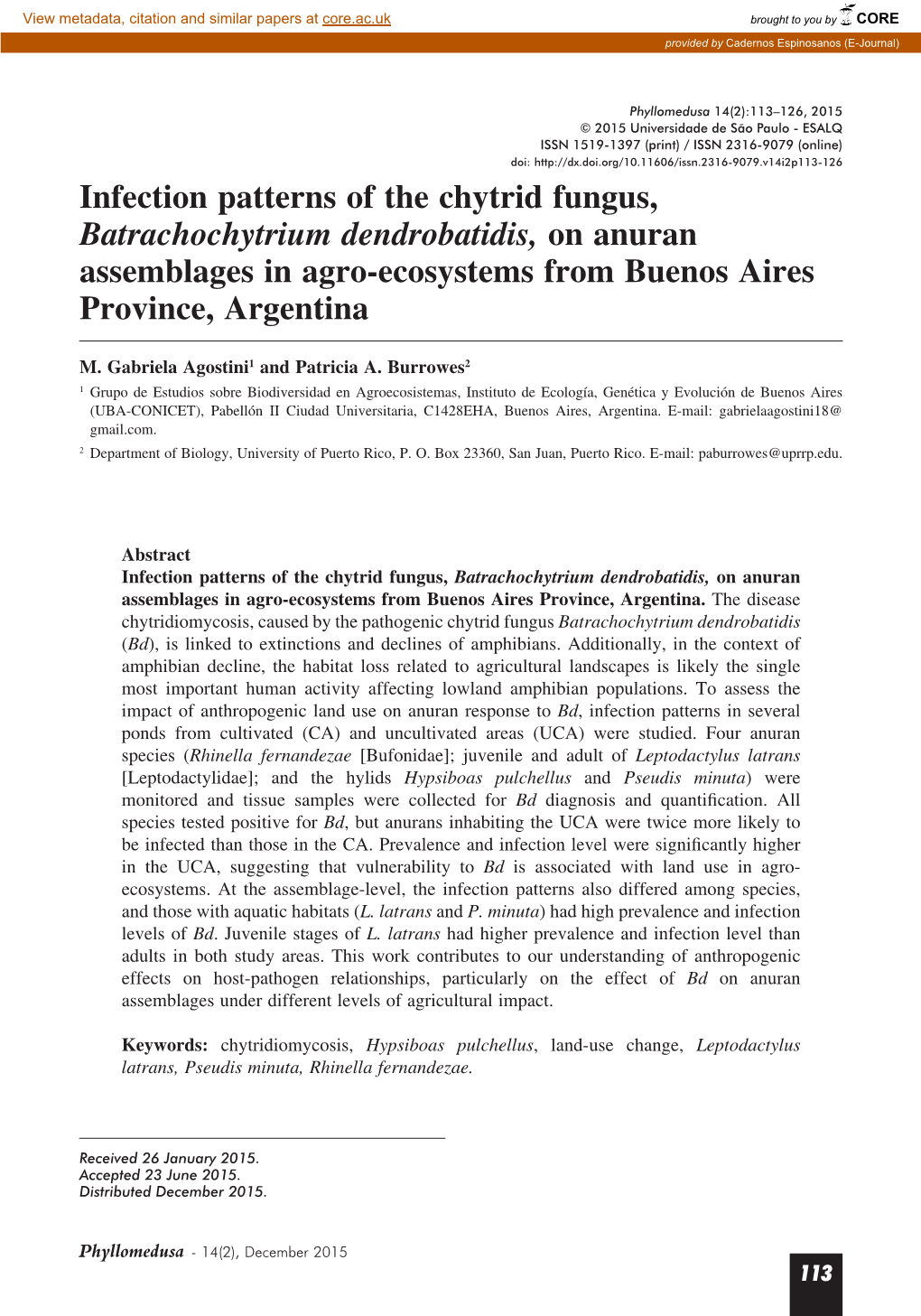 Infection Patterns of the Chytrid Fungus, Batrachochytrium Dendrobatidis, on Anuran Assemblages in Agro-Ecosystems from Buenos Aires Province, Argentina