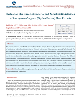 Evaluation of In-Vitro Antibacterial and Anthelmintic Activities of Sauropus Androgynus (Phyllanthaceae) Plant Extracts