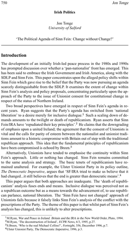 The Political Agenda of Sinn Fein: Change Without Change?’
