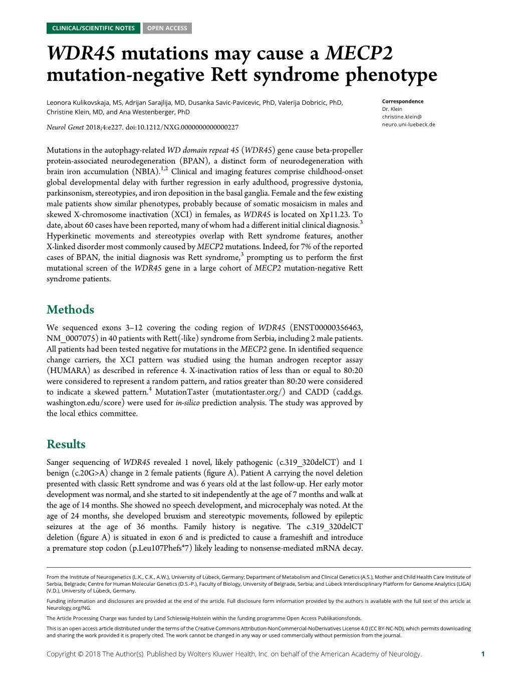 WDR45 Mutations May Cause a MECP2 Mutation-Negative Rett Syndrome Phenotype