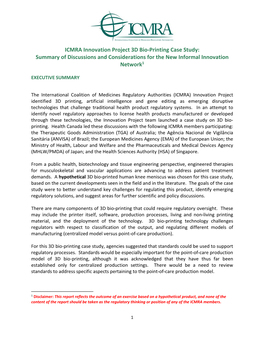 ICMRA Innovation Project 3D Bio-Printing Case Study: Summary of Discussions and Considerations for the New Informal Innovation Network1