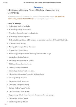 Life Sciences Glossary: Fields of Biology: Malacology and Mammalogy- Examrace