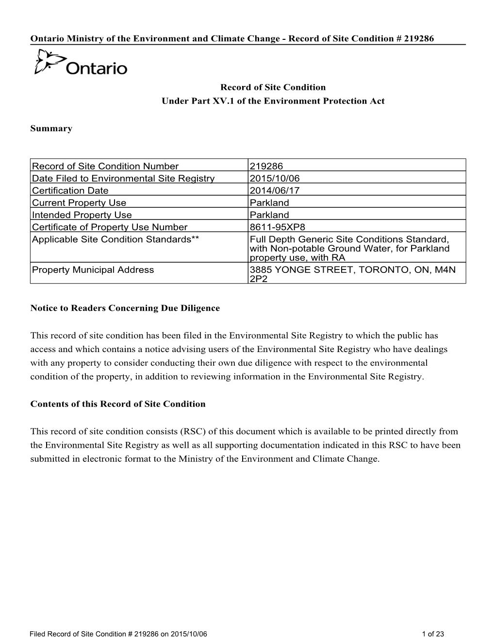 Ontario Ministry of the Environment and Climate Change - Record of Site Condition # 219286