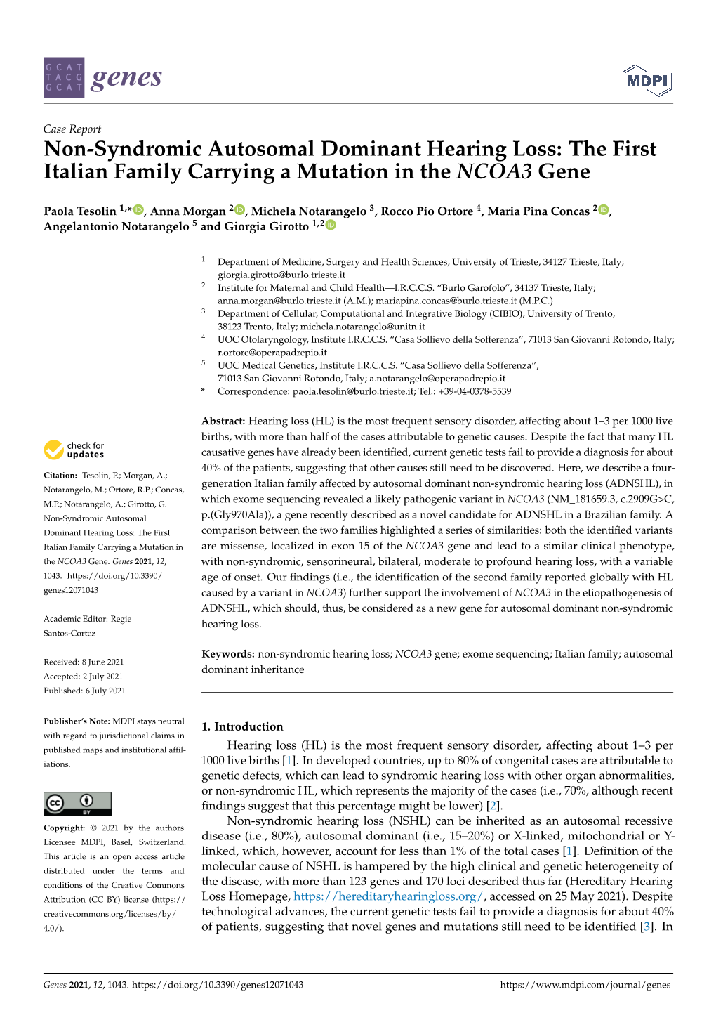 Non-Syndromic Autosomal Dominant Hearing Loss: the First Italian Family Carrying a Mutation in the NCOA3 Gene