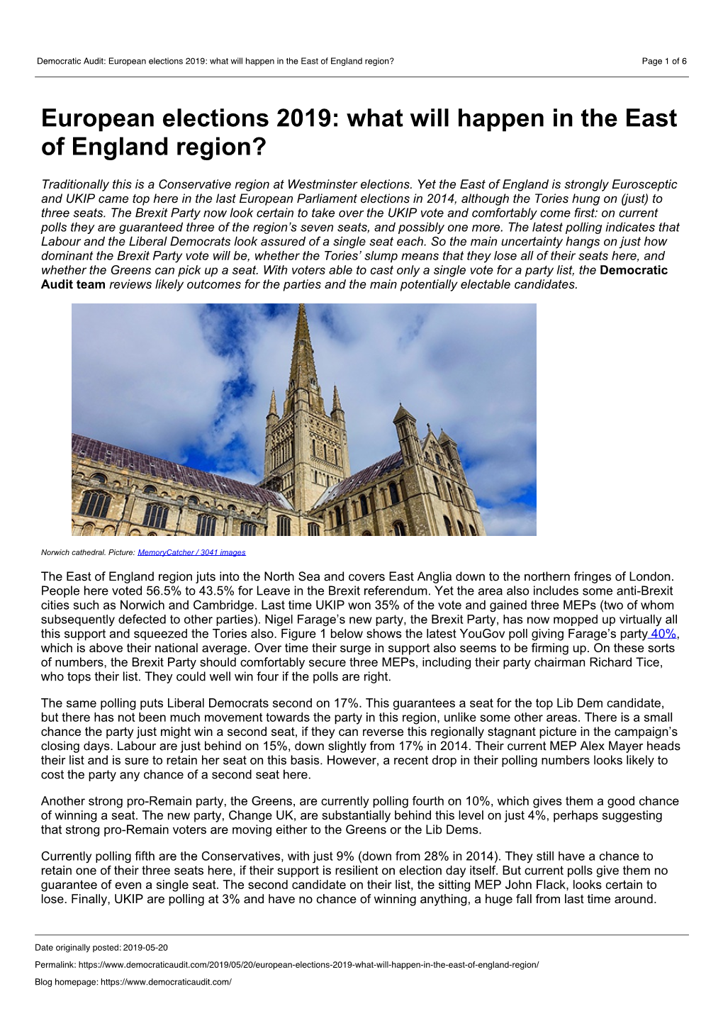 Democratic Audit: European Elections 2019: What Will Happen in the East of England Region? Page 1 of 6
