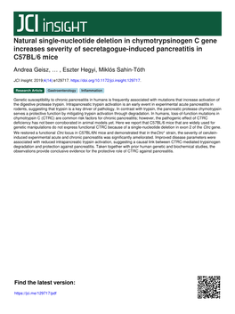Natural Single-Nucleotide Deletion in Chymotrypsinogen C Gene Increases Severity of Secretagogue-Induced Pancreatitis in C57BL/6 Mice