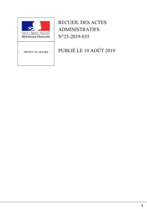 Recueil Des Actes Administratifs N°25-2019-035 Publié Le 10 Août 2019