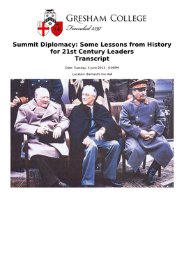 Summit Diplomacy: Some Lessons from History for 21St Century Leaders Transcript