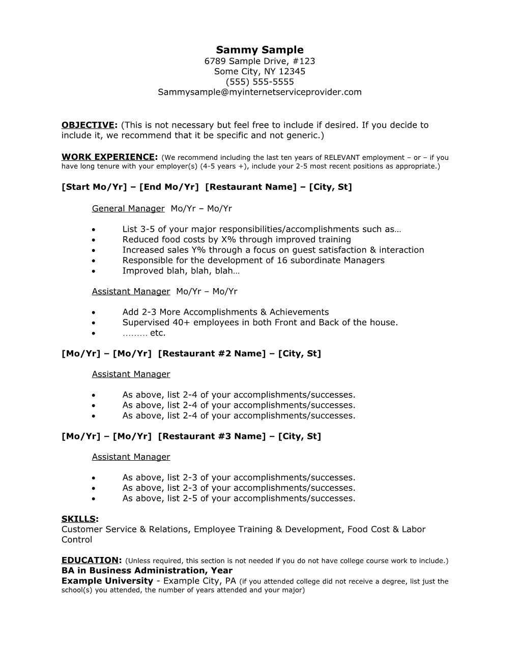 Sample Restaurant Manager Resume