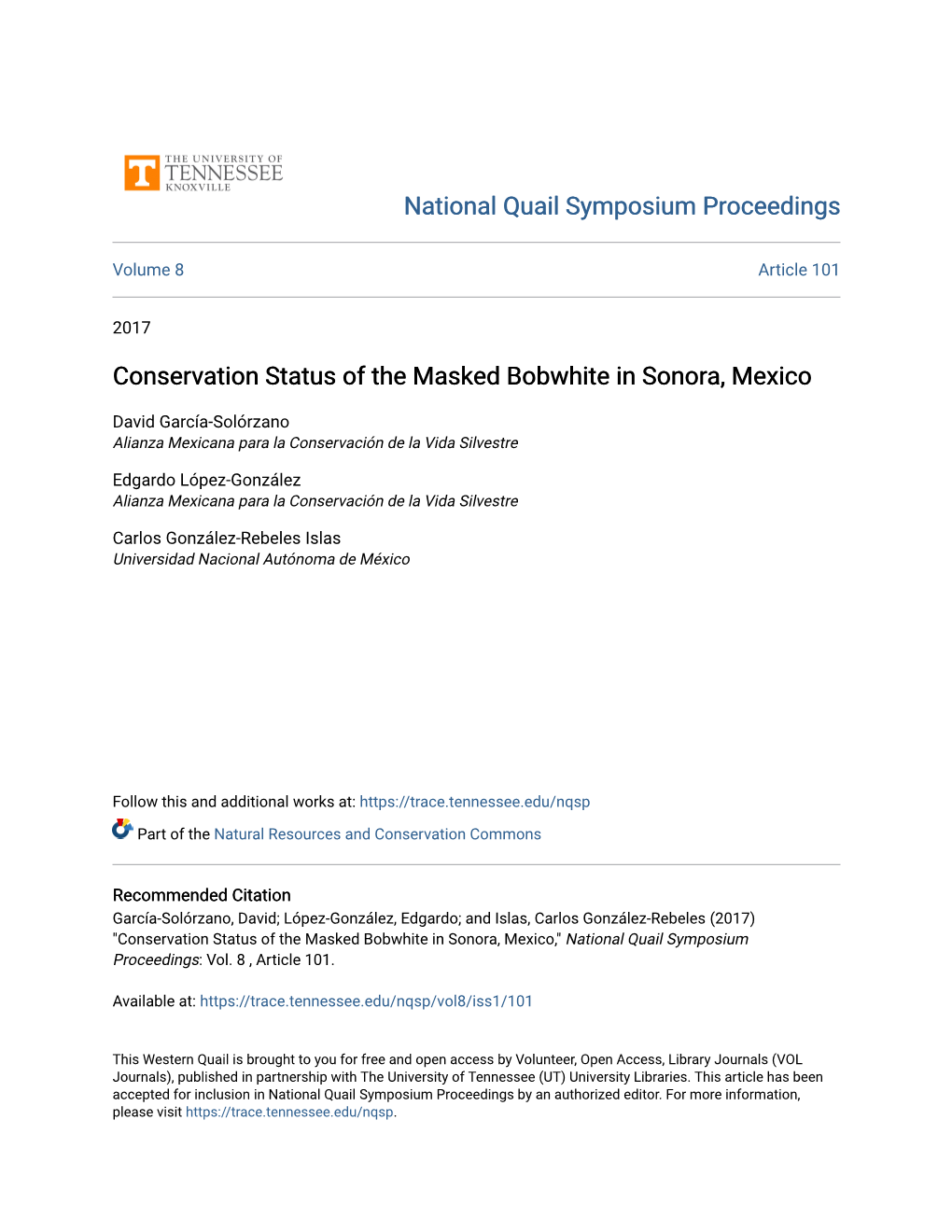 Conservation Status of the Masked Bobwhite in Sonora, Mexico