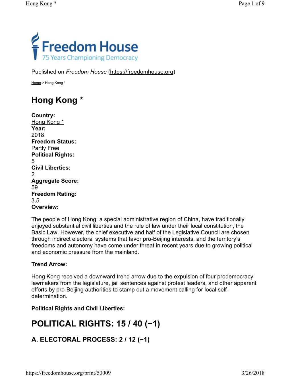 Freedom in the World 2018 Hong Kong