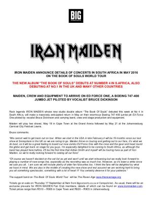 Iron Maiden Announce Details of Concerts in South Africa in May 2016 on the Book of Souls World Tour