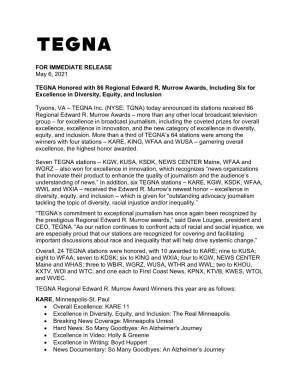 FOR IMMEDIATE RELEASE May 6, 2021 TEGNA Honored with 86