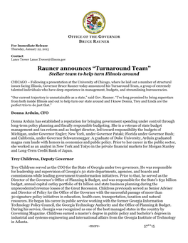 Rauner Announces “Turnaround Team” Stellar Team to Help Turn Illinois Around