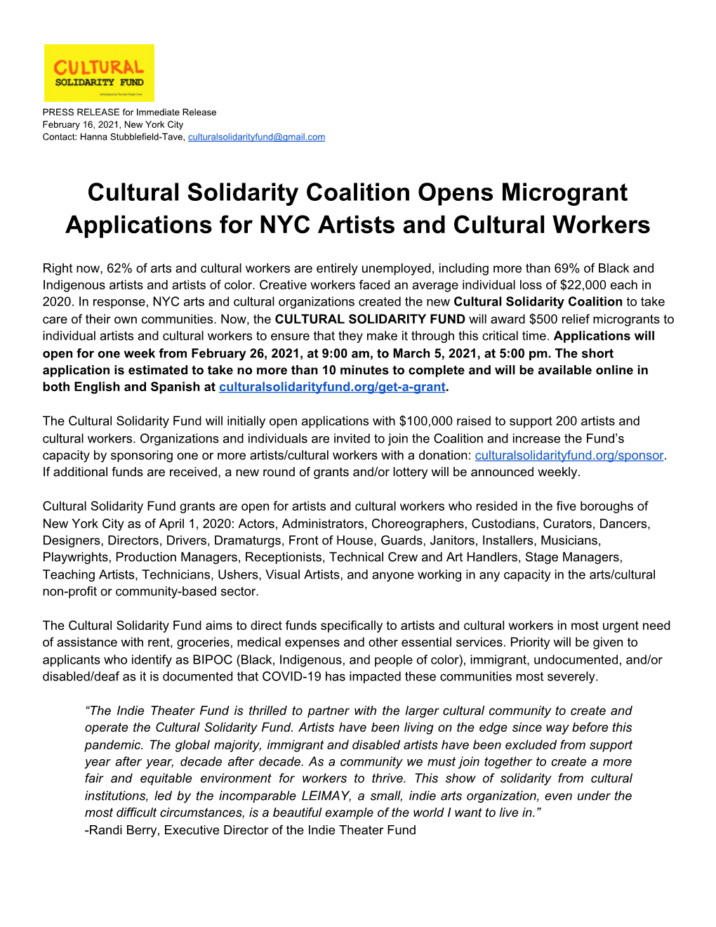 Cultural Solidarity Coalition Opens Microgrant Applications for NYC Artists and Cultural Workers