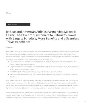 Jetblue and American Airlines Partnership Makes It Easier Than Ever for Customers to Return to Travel with Largest Schedule