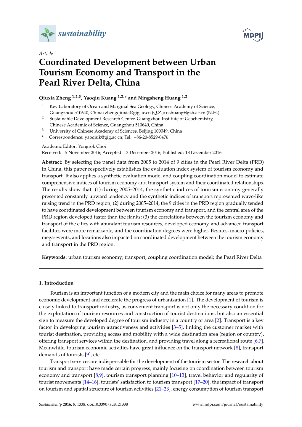 Coordinated Development Between Urban Tourism Economy and Transport in the Pearl River Delta, China