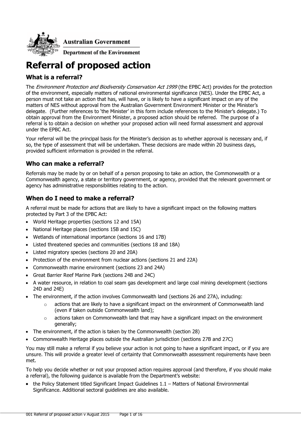 Referral of Proposed Action Form