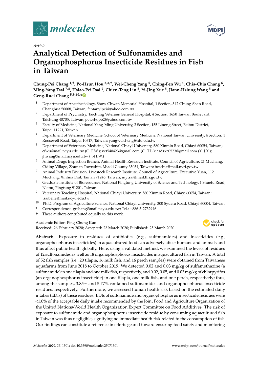 Analytical Detection of Sulfonamides and Organophosphorus Insecticide Residues in Fish in Taiwan