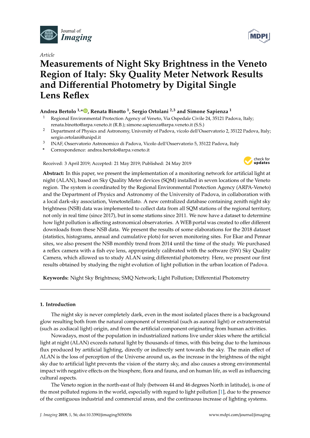 Measurements of Night Sky Brightness in the Veneto Region of Italy: Sky Quality Meter Network Results and Diﬀerential Photometry by Digital Single Lens Reﬂex