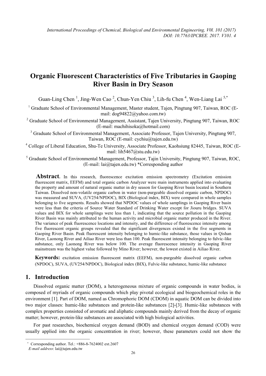 Organic Fluorescent Characteristics of Five Tributaries in Gaoping River Basin in Dry Season