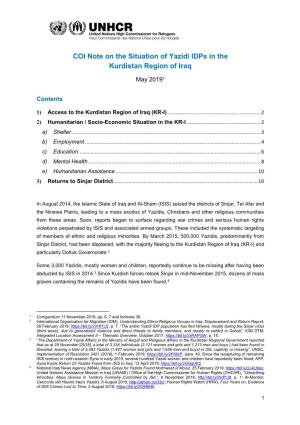 COI Note on the Situation of Yazidi Idps in the Kurdistan Region of Iraq