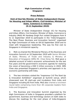 High Commission of India Singapore Press Release Visit of Hon'ble
