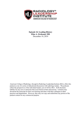 Leading History Elias A. Zerhouni, MD December 19, 2019