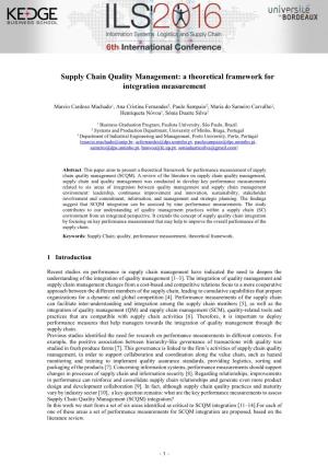 Supply Chain Quality Management: a Theoretical Framework for Integration Measurement