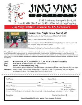 Shifu Sean Marshall Jing Ying Institute Presents: Tai Chi for Seniors