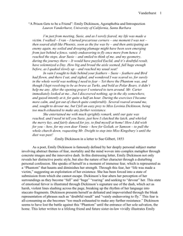 “A Prison Gets to Be a Friend”: Emily Dickinson, Agoraphobia and Introspection Lauren Vanderhurst, University of California, Santa Barbara