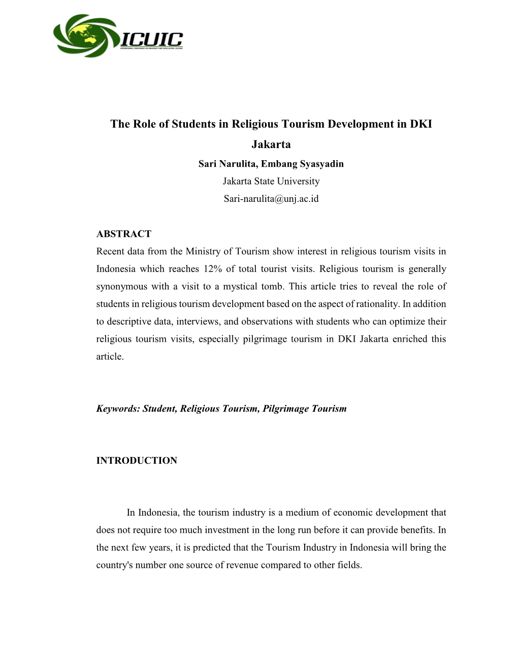 The Role of Students in Religious Tourism Development in DKI Jakarta Sari Narulita, Embang Syasyadin Jakarta State University Sari-Narulita@Unj.Ac.Id