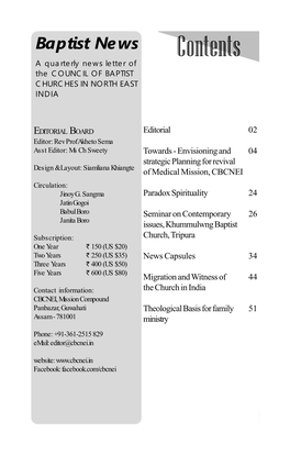 Contents a Quarterly News Letter of the COUNCIL of BAPTIST CHURCHES in NORTH EAST INDIA