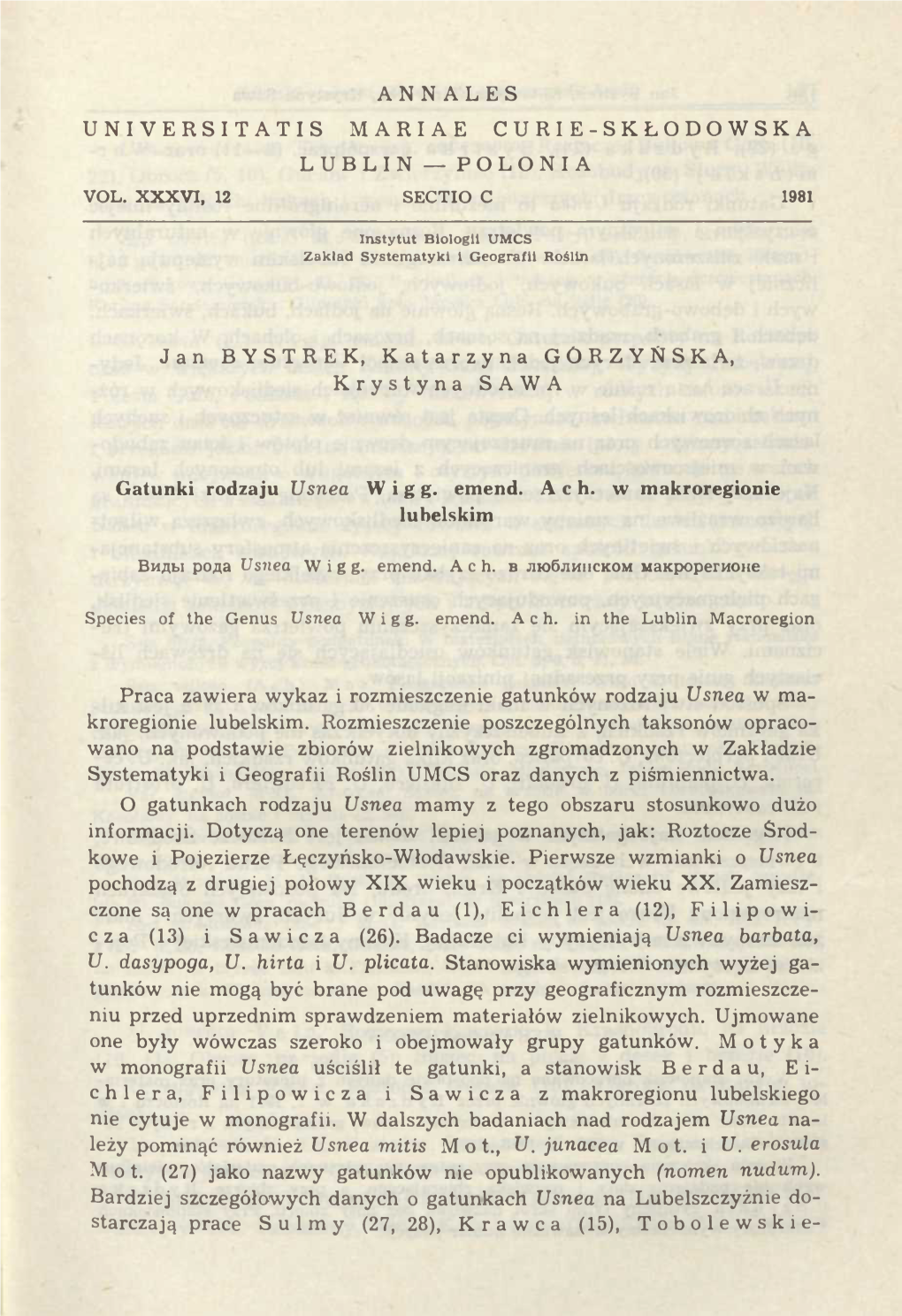 Annales Universitatis Mariae Curie-Skłodowska Lublin — Polonia Vol