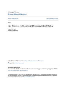 New Directions for Research and Pedagogy in Book History