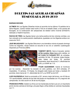 Boletin #42 Aguilas Cibaeñas Temporada 2018-2019
