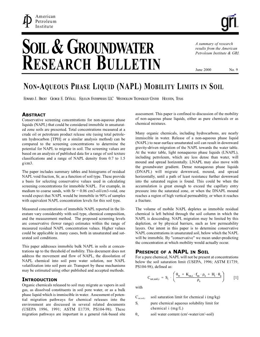 Non-Aqueous Phase Liquid (Napl) Mobility Limits in Soil