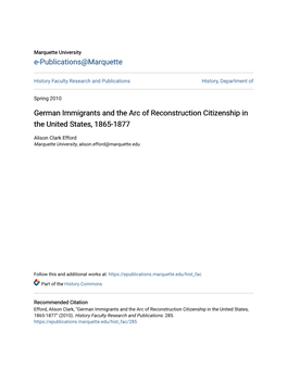 German Immigrants and the Arc of Reconstruction Citizenship in the United States, 1865-1877