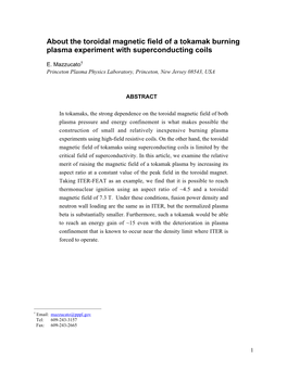 About the Toroidal Magnetic Field of a Tokamak Burning Plasma Experiment with Superconducting Coils