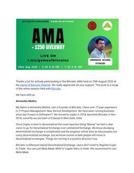Thanks a Lot for Actively Participating in the Bitcratic AMA Held on 25Th August 2020 at The​ ​Game of Bitcoins Channel​