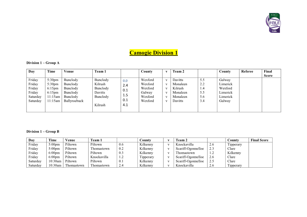 Camogie Division 1