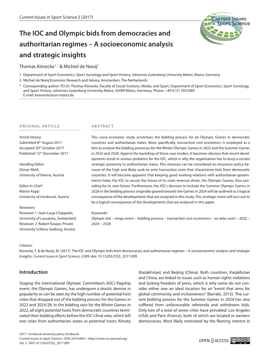 The IOC and Olympic Bids from Democracies and Authoritarian Regimes – a Socioeconomic Analysis and Strategic Insights