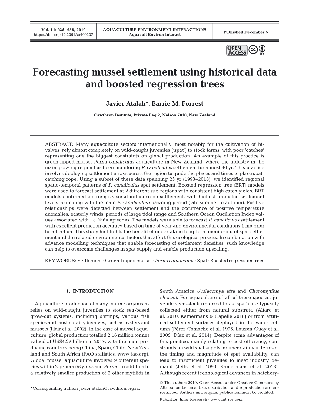 Forecasting Mussel Settlement Using Historical Data and Boosted Regression Trees