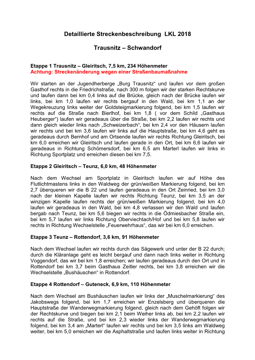 Detaillierte Streckenbeschreibung LKL 2018 Trausnitz – Schwandorf