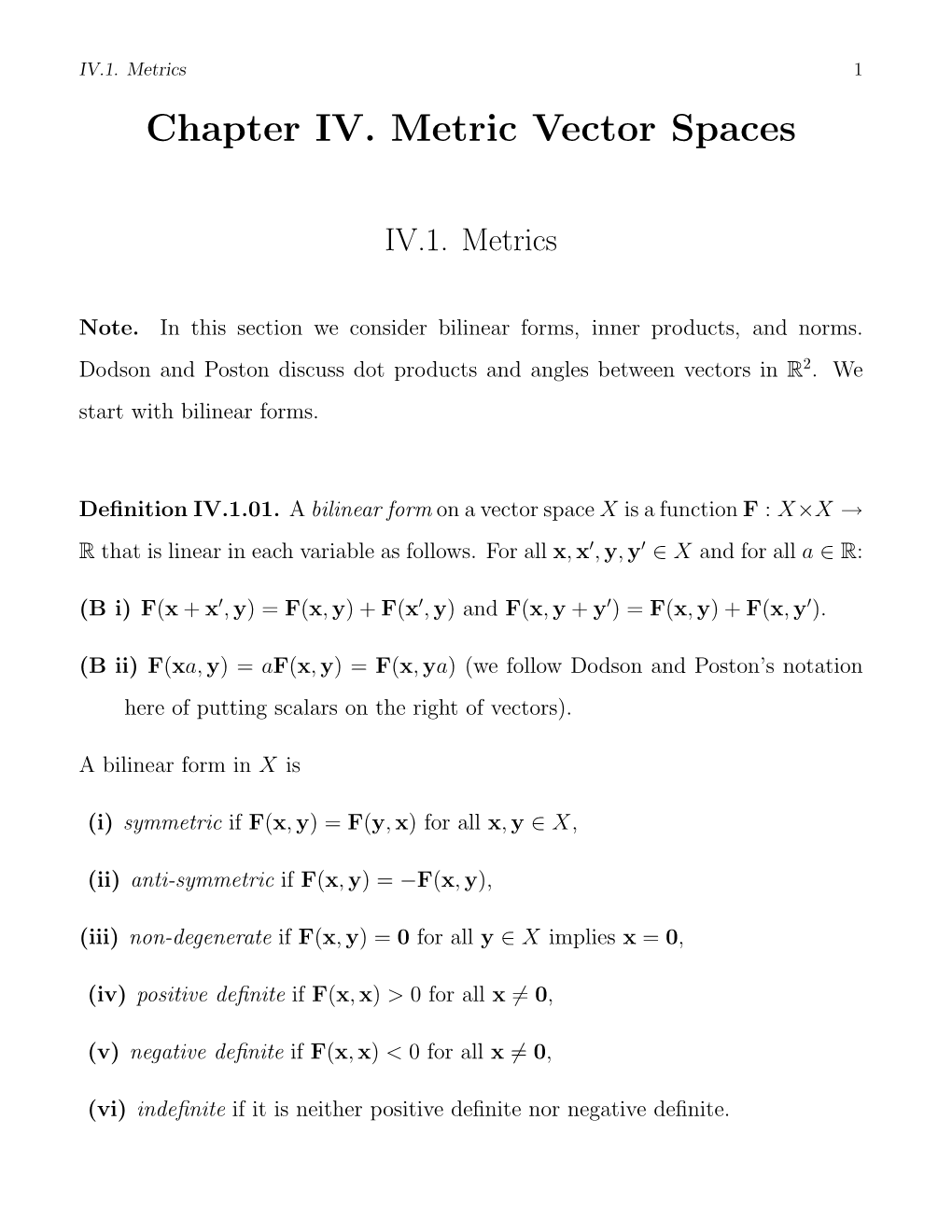 Chapter IV. Metric Vector Spaces