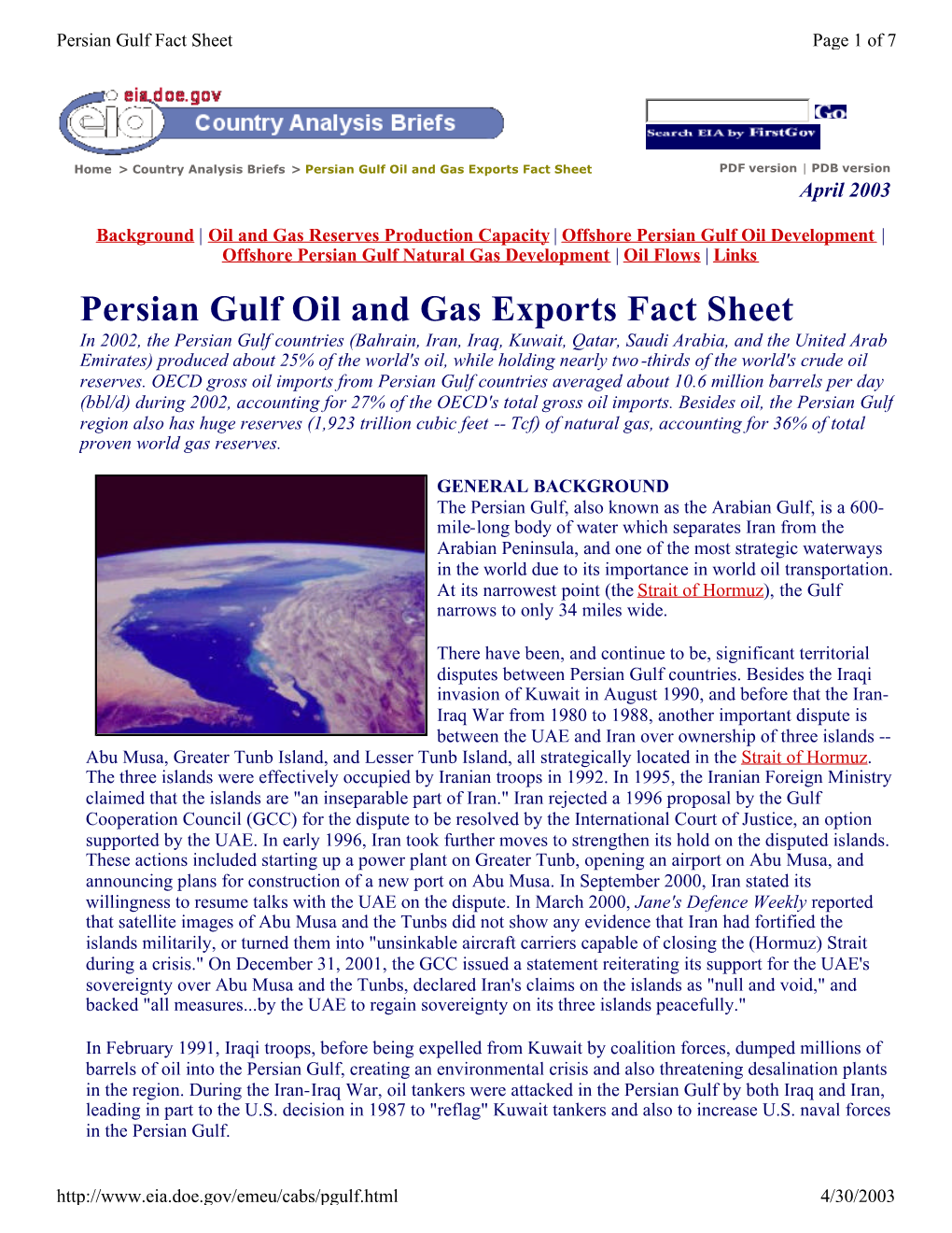 Persian Gulf Oil and Gas Exports Fact Sheet PDF Version | PDB Version April 2003