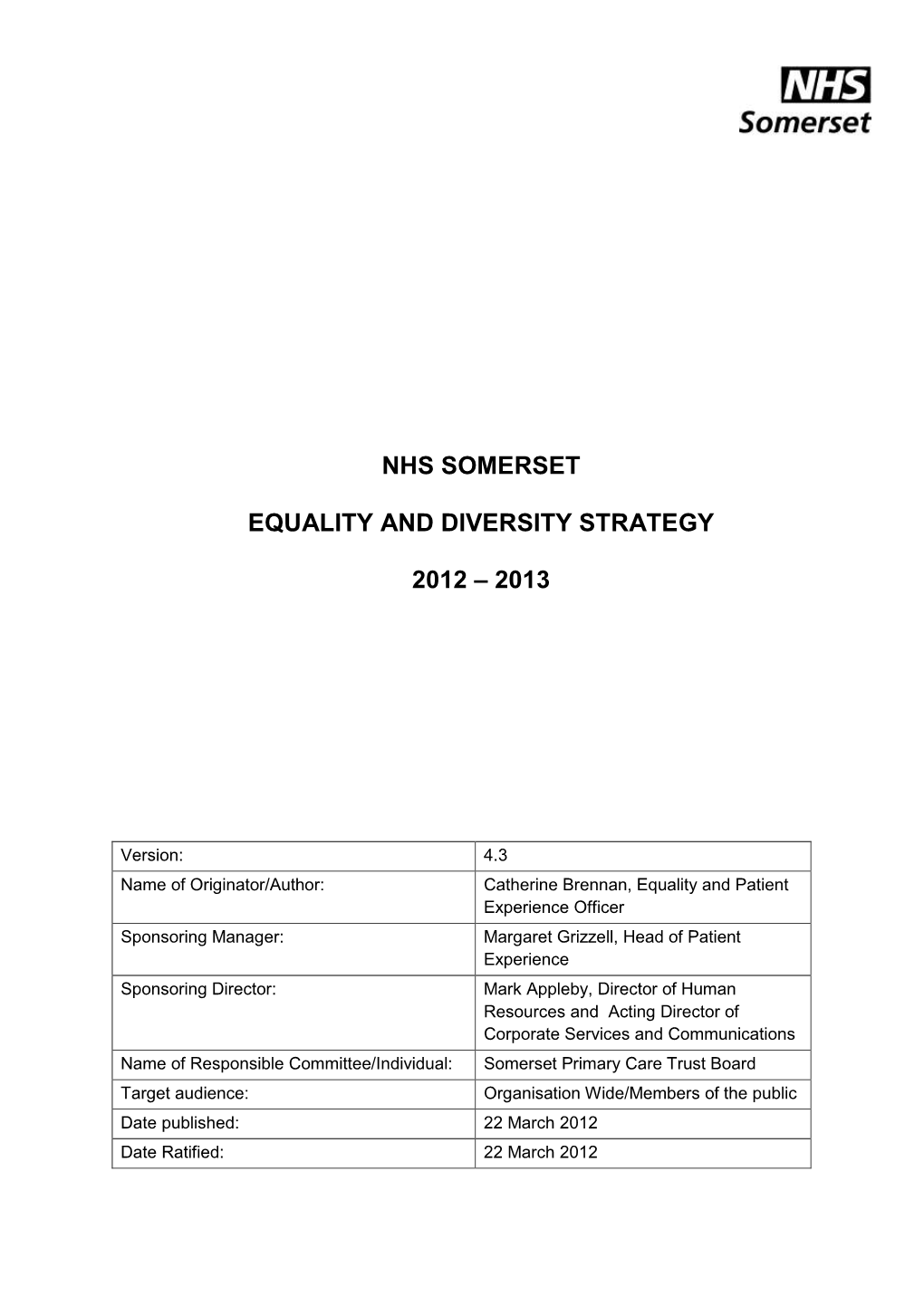 Nhs Somerset Equality and Diversity Strategy 2012 – 2013