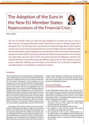 The Adoption of the Euro in the New EU Member States: Repercussions of the Financial Crisis