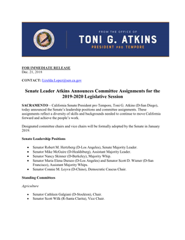 Senate Leader Atkins Announces Committee Assignments for the 2019-2020 Legislative Session